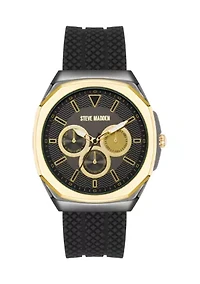Bold Black Textured Silicone and Gold Tone Alloy Metal Watch