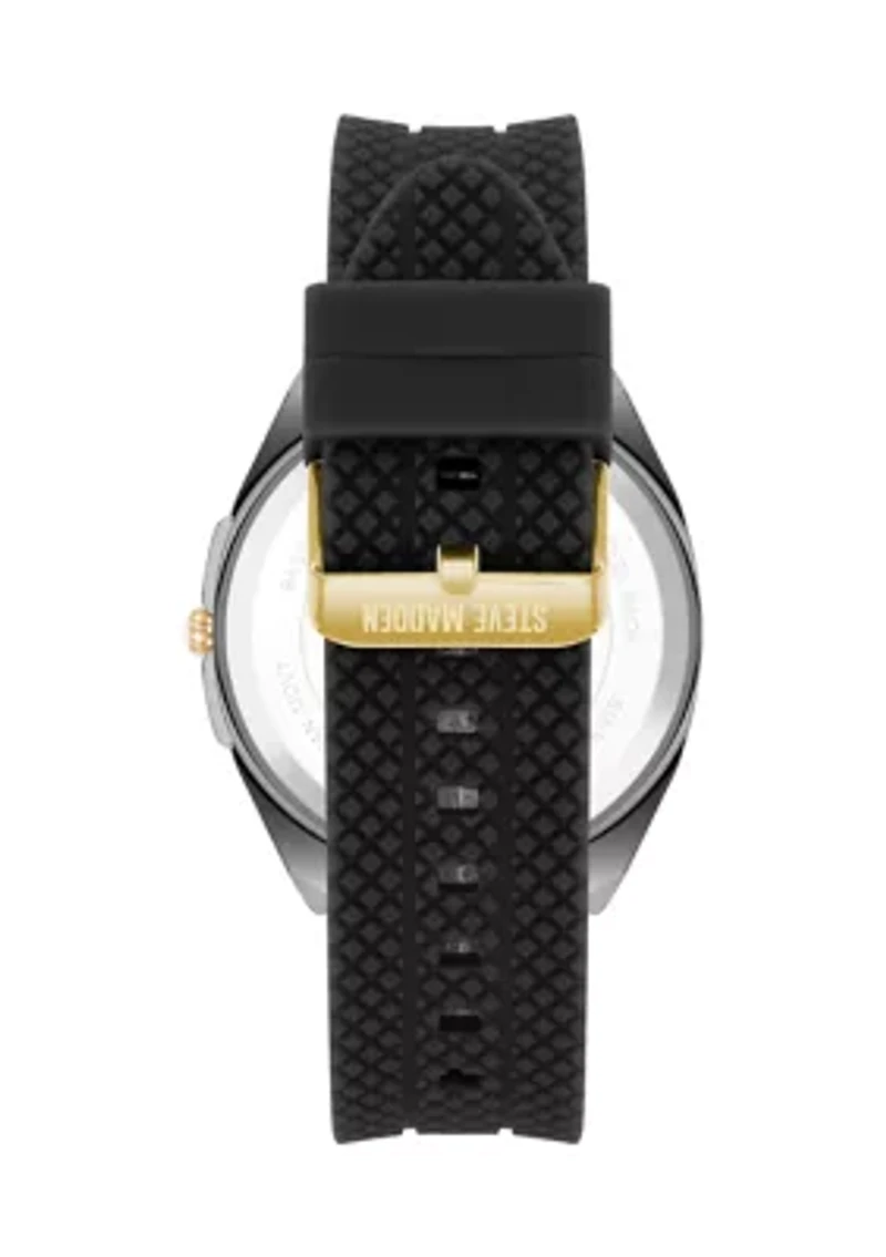 Bold Black Textured Silicone and Gold Tone Alloy Metal Watch