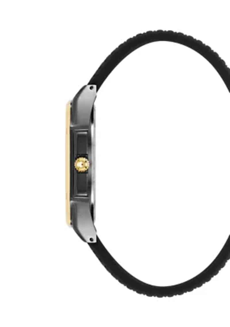 Bold Black Textured Silicone and Gold Tone Alloy Metal Watch