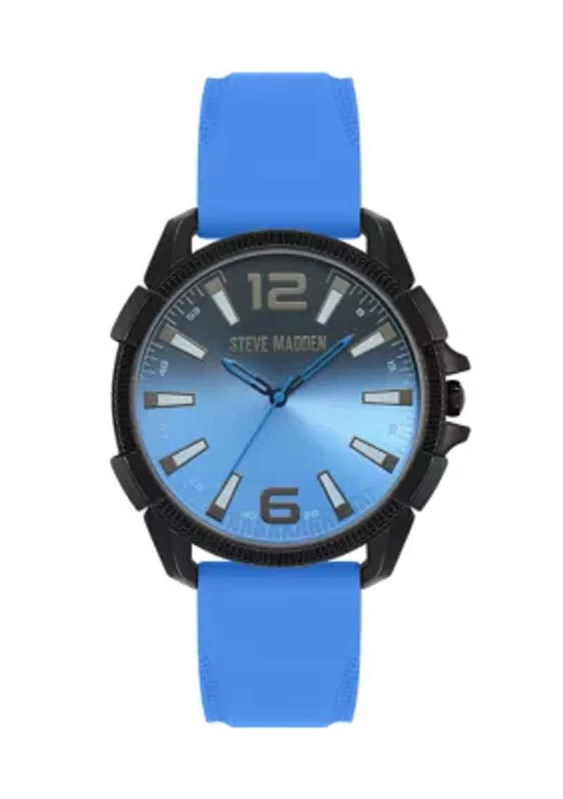 Vibrant Blue Silicone and Black Alloy Metal Watch