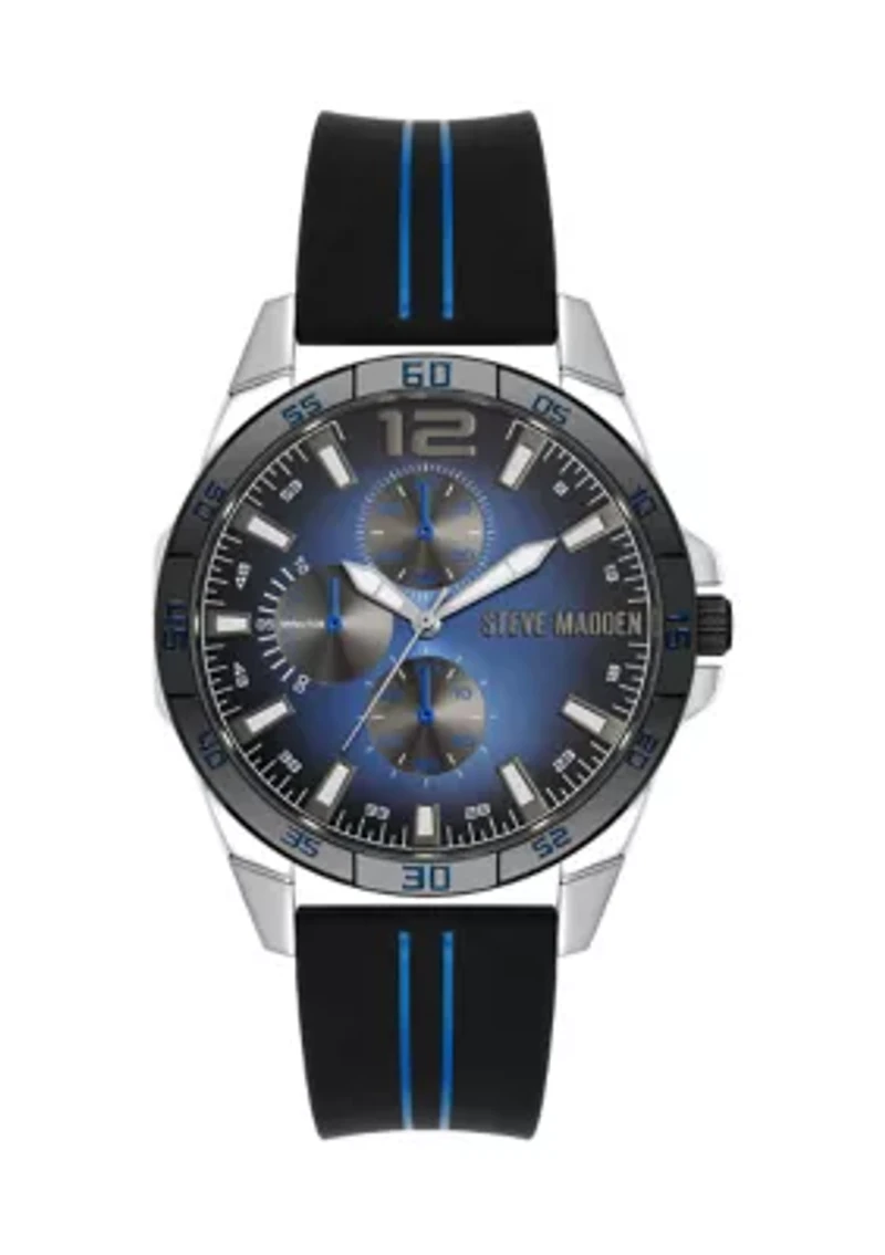 Men's Distinctive Black Silicone Strap with Navy Stripe Detail Watch
