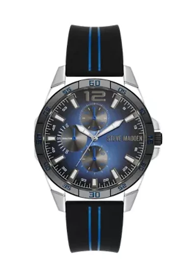 Men's Distinctive Black Silicone Strap with Navy Stripe Detail Watch