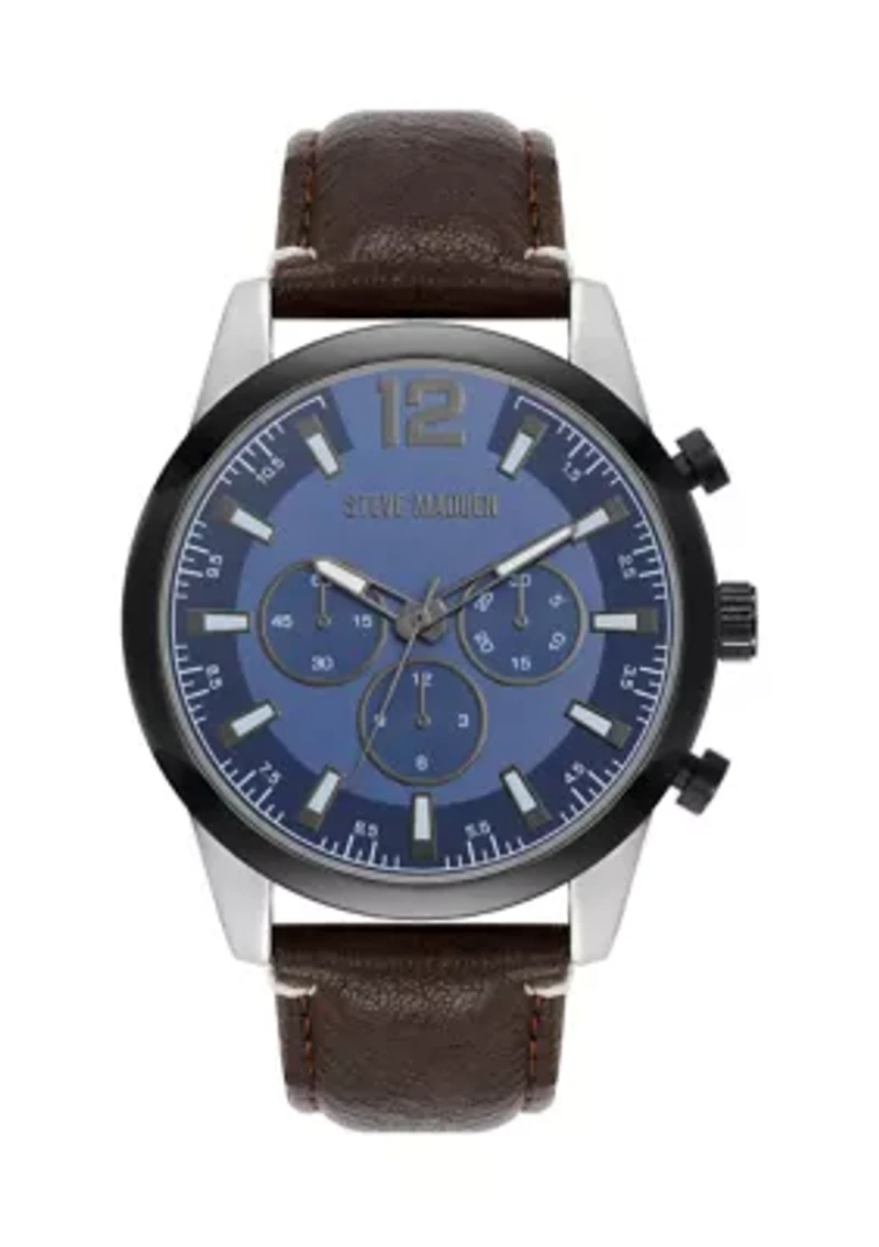 Vibrant Navy Blue Dial, Brown Faux Leather Strap Watch