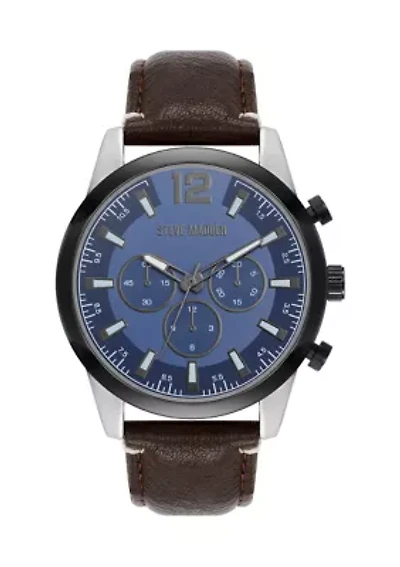  Vibrant Navy Blue Dial, Brown Faux Leather Strap Watch