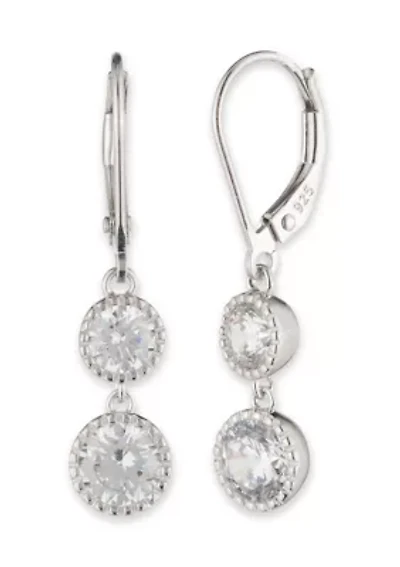 Rhodium Plated Sterling Silver Cubic Zirconia Double Drop Earrings