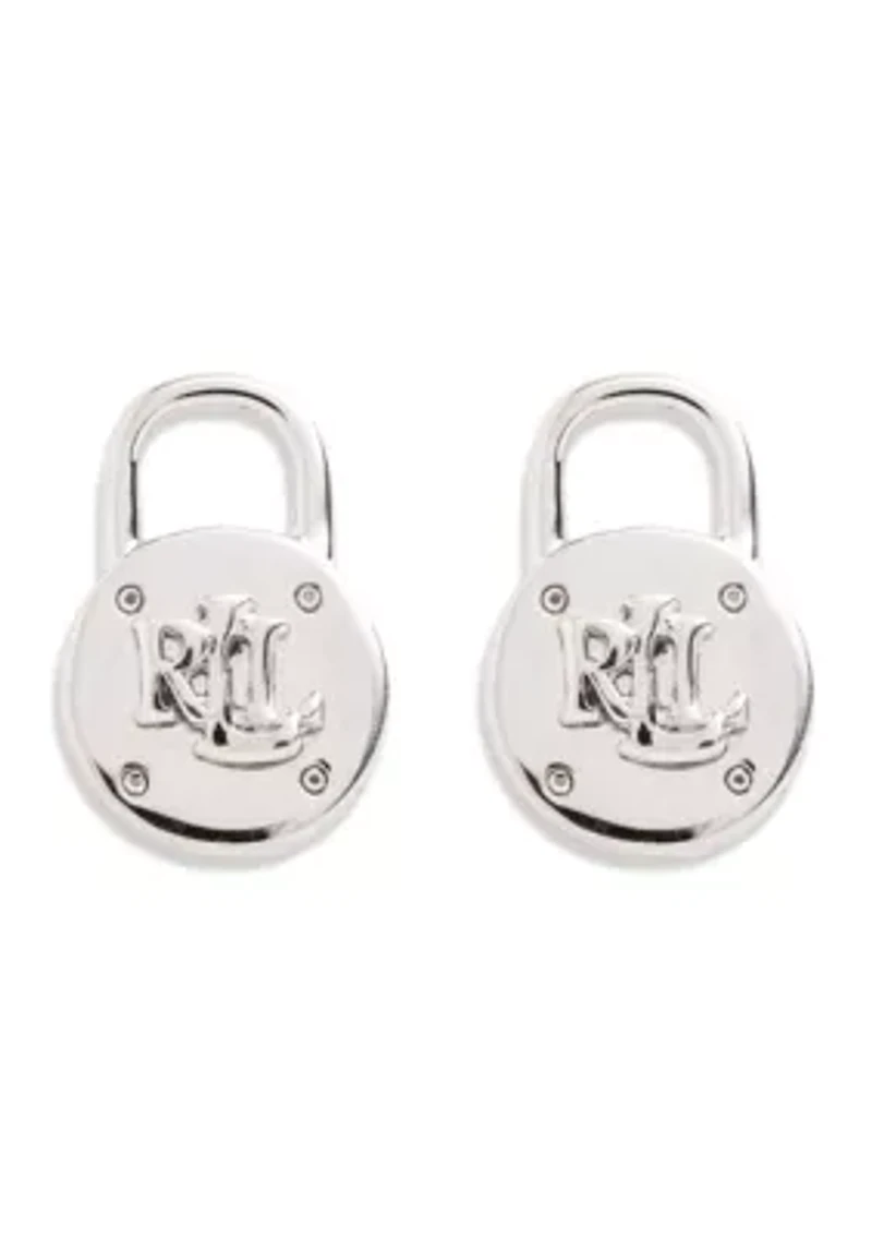 Silver Tone Logo Padlock Stud Earrings