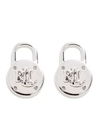 Silver Tone Logo Padlock Stud Earrings