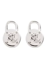 Silver Tone Logo Padlock Stud Earrings