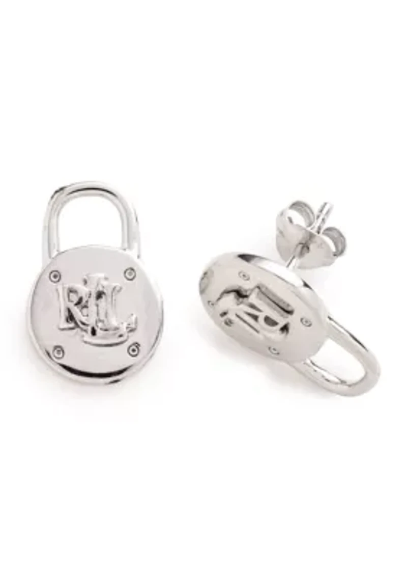 Silver Tone Logo Padlock Stud Earrings