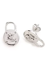 Silver Tone Logo Padlock Stud Earrings