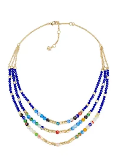 Blue Beaded Triple Strand Necklace