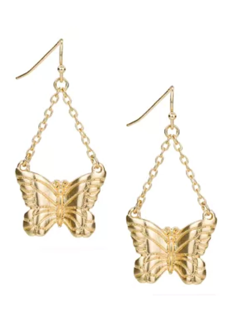 Matte Gold Tone Butterfly Chain Drop Earrings
