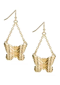 Matte Gold Tone Butterfly Chain Drop Earrings