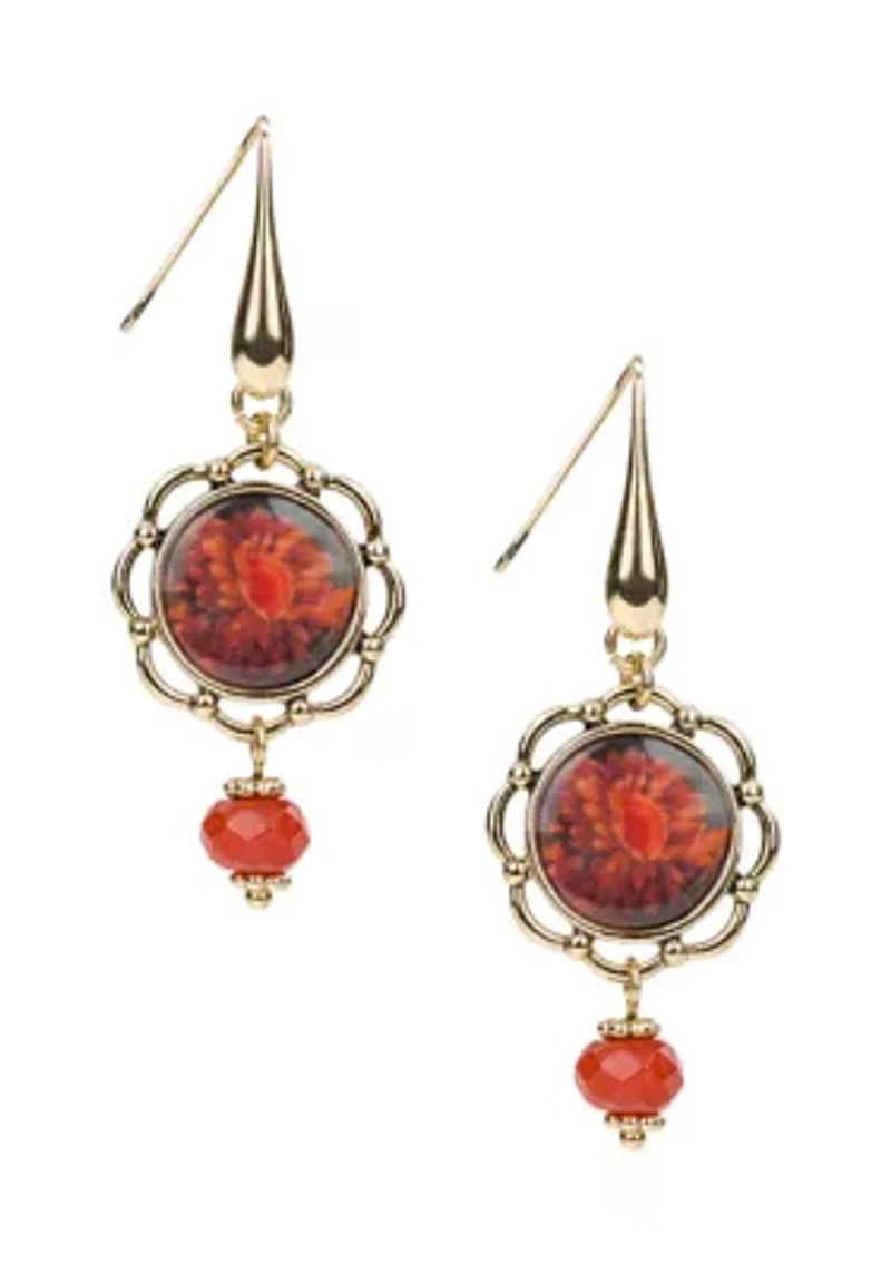 Red Flower Wire Drop Earrings
