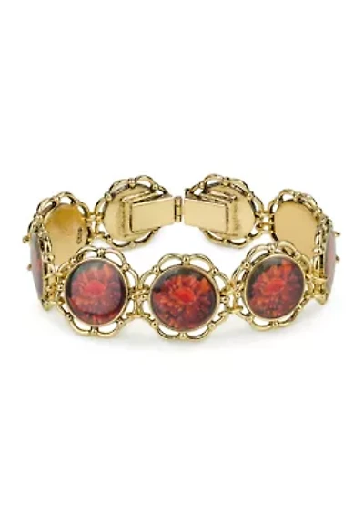 Red Flower Gold Tone Link Bracelet 