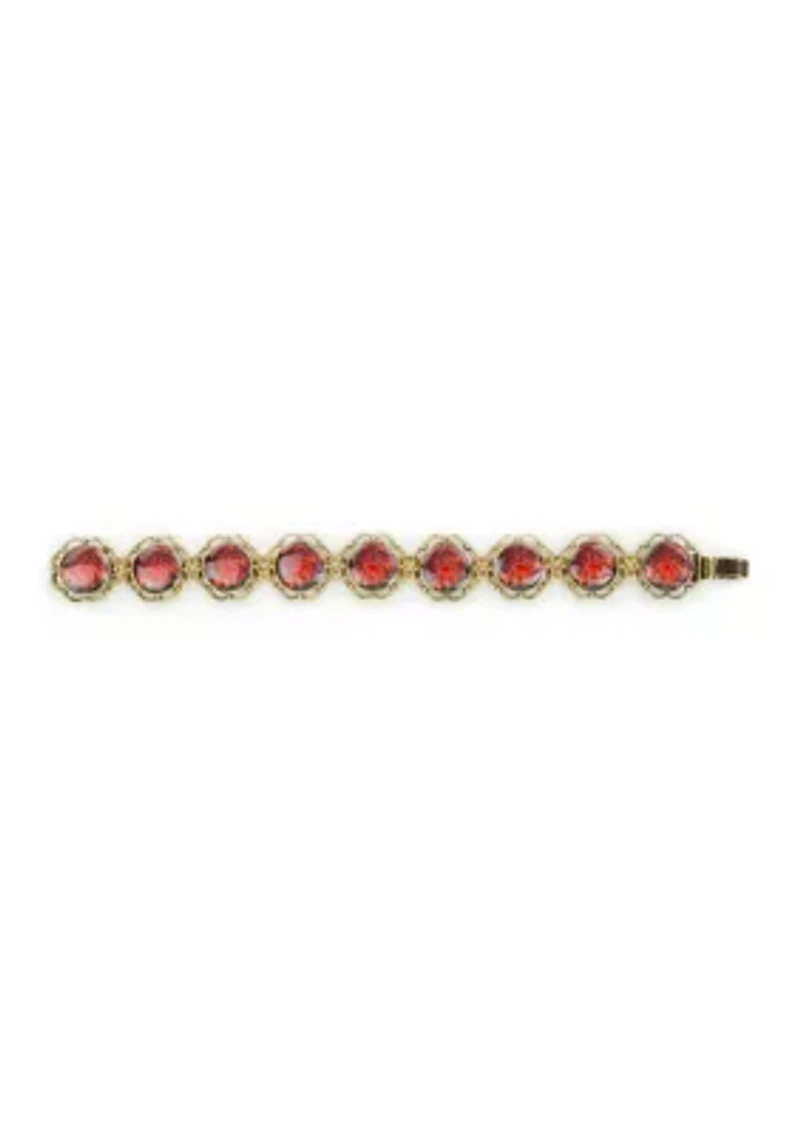 Red Flower Gold Tone Link Bracelet 