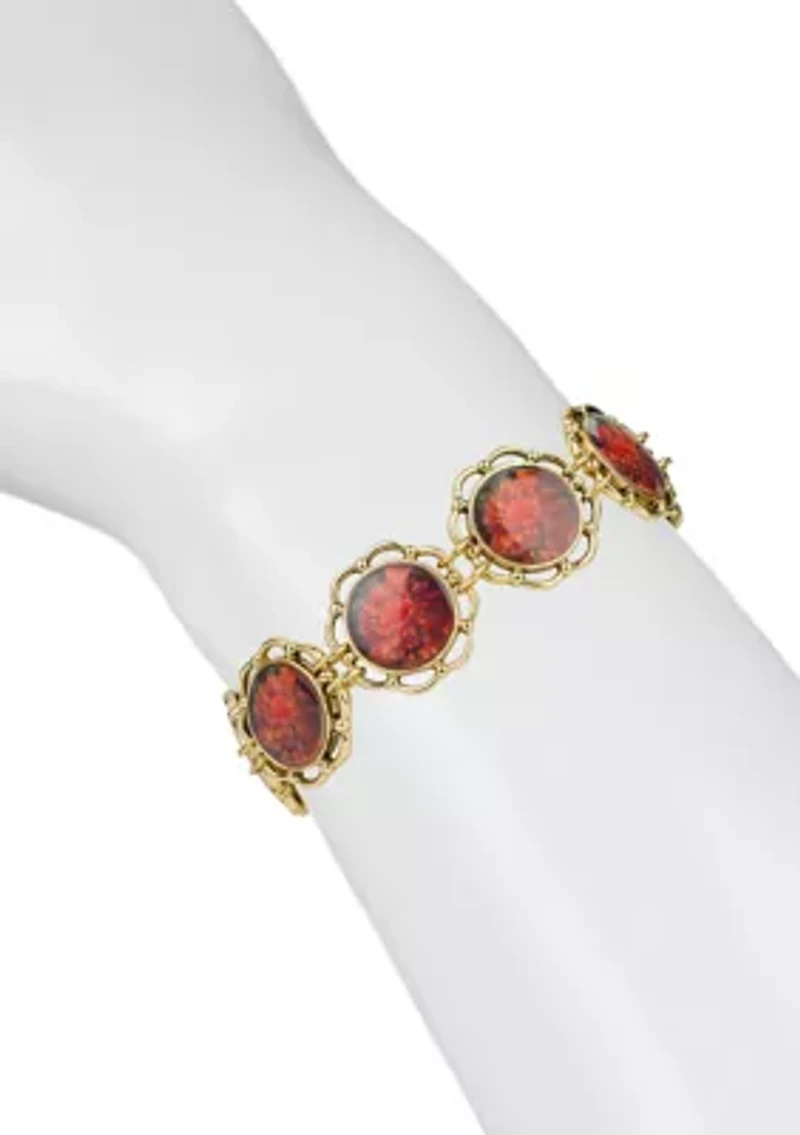 Red Flower Gold Tone Link Bracelet 