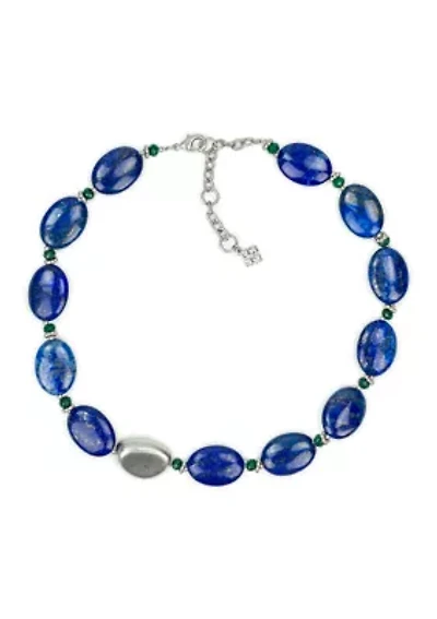 Oval Blue Beaded Worn Rhodium Necklace 