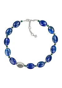 Oval Blue Beaded Worn Rhodium Necklace 