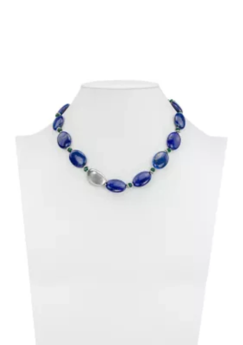 Oval Blue Beaded Worn Rhodium Necklace 