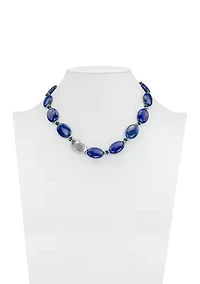 Oval Blue Beaded Worn Rhodium Necklace 