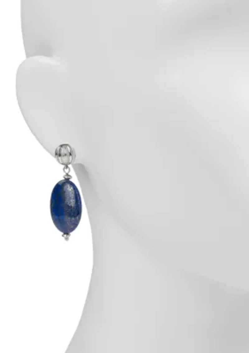 Blue Worn Rhodium Oval Drop Post Earrings