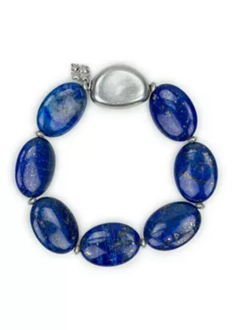 Blue Beaded Worn Rhodium Stretch Bracelet 