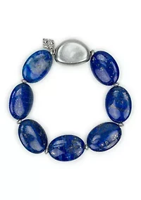 Blue Beaded Worn Rhodium Stretch Bracelet 