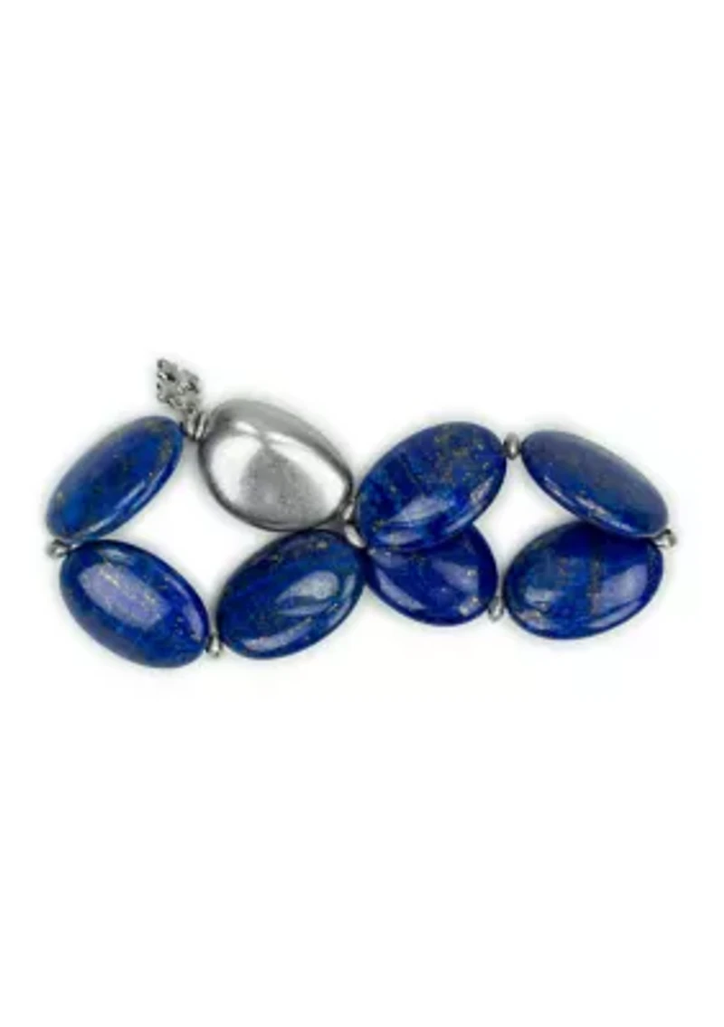 Blue Beaded Worn Rhodium Stretch Bracelet 
