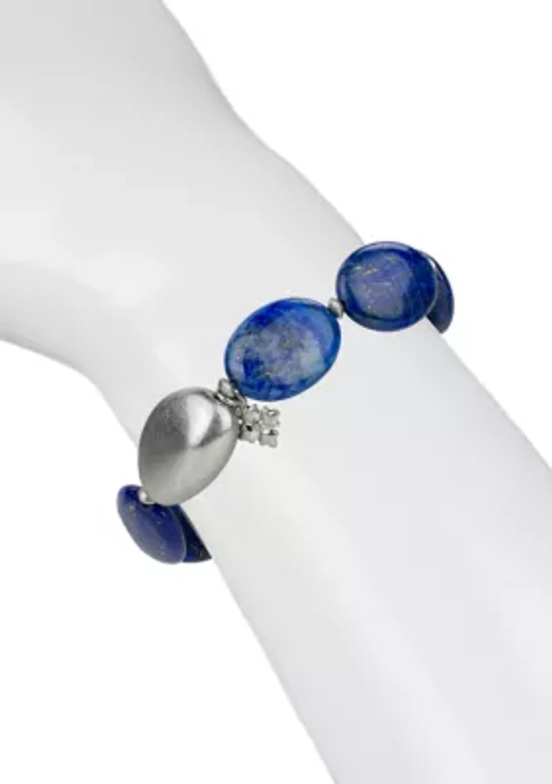 Blue Beaded Worn Rhodium Stretch Bracelet 