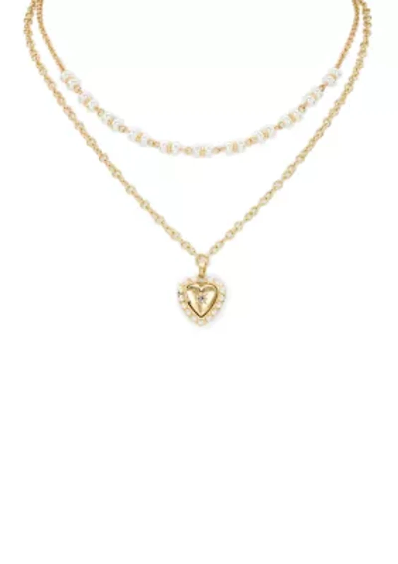 Heart Pendant with White Beaded Multi Row Necklace