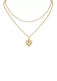 Heart Pendant with White Beaded Multi Row Necklace