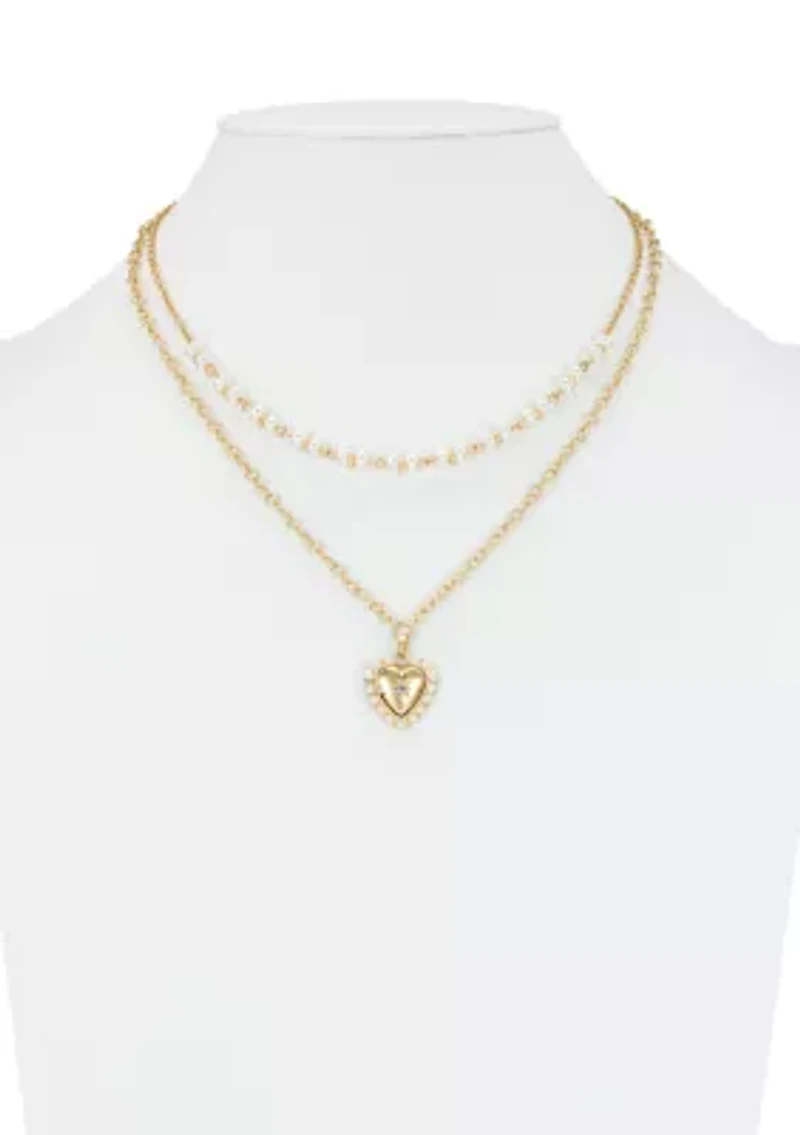 Heart Pendant with White Beaded Multi Row Necklace