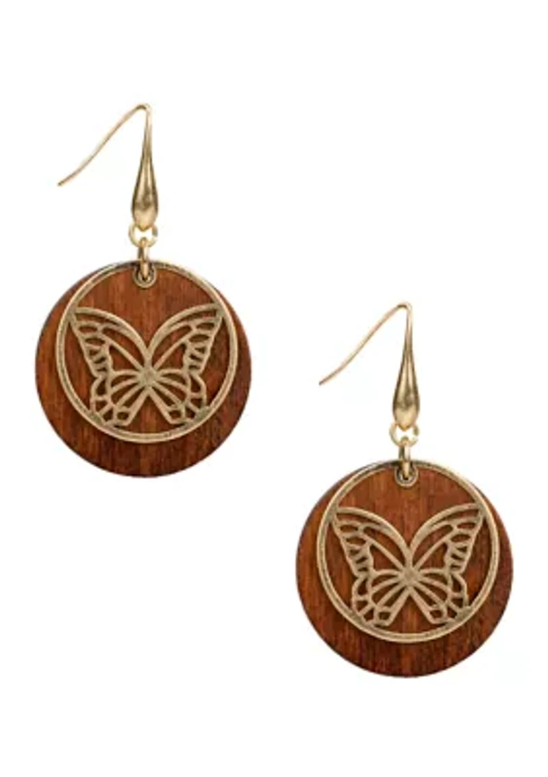 Wood Disc Gold Tone Butterfly Stencil Drop Earrings