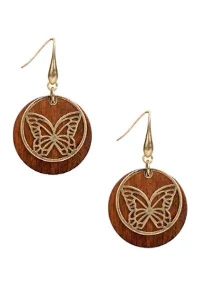 Wood Disc Gold Tone Butterfly Stencil Drop Earrings
