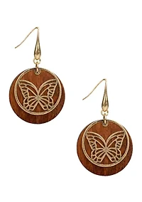 Wood Disc Gold Tone Butterfly Stencil Drop Earrings