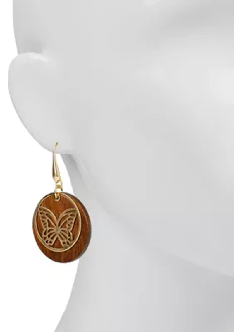 Wood Disc Gold Tone Butterfly Stencil Drop Earrings