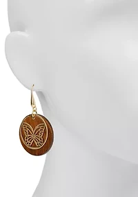 Wood Disc Gold Tone Butterfly Stencil Drop Earrings