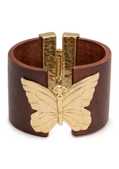 Wood Gold Tone Butterfly Cuff Bracelet 