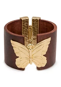 Wood Gold Tone Butterfly Cuff Bracelet 