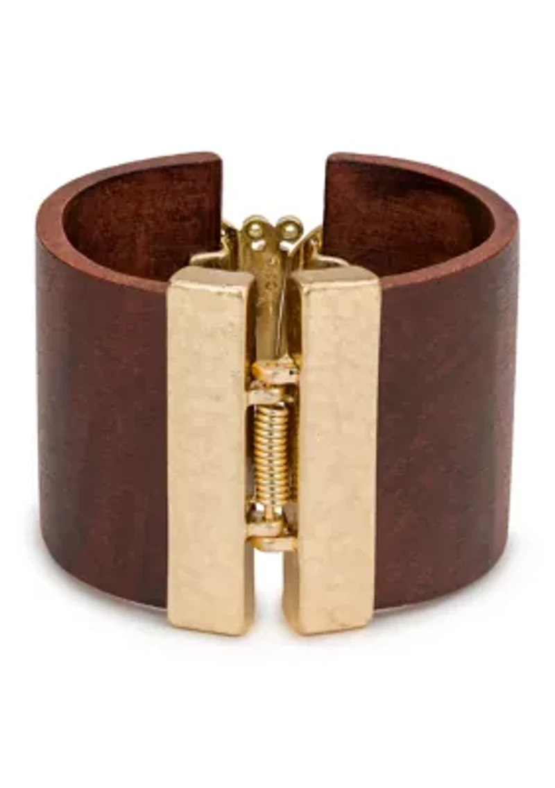 Wood Gold Tone Butterfly Cuff Bracelet 