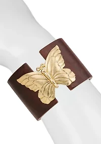 Wood Gold Tone Butterfly Cuff Bracelet 