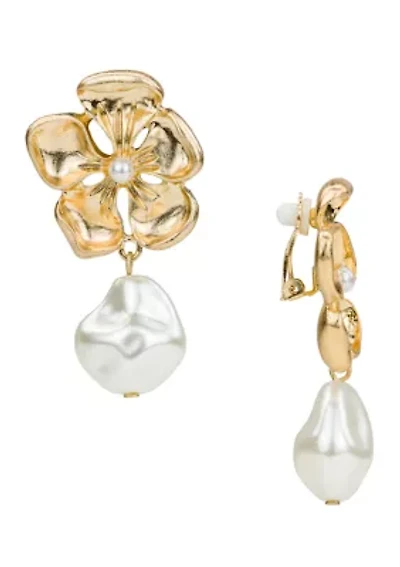Flower Pearl Clip Drop Earrings