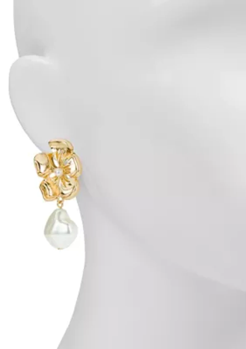 Flower Pearl Clip Drop Earrings