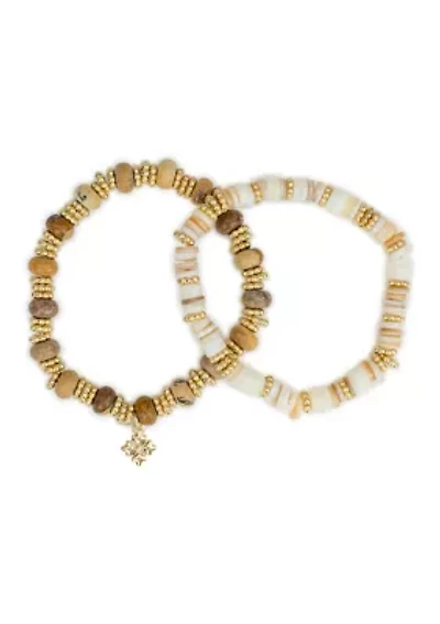 Beaded Wooden Gold Tone Stretch Bracelet Set