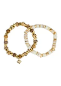 Beaded Wooden Gold Tone Stretch Bracelet Set