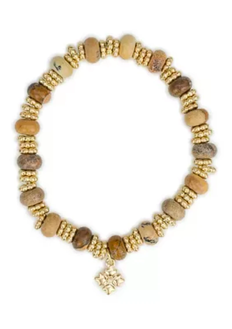 Beaded Wooden Gold Tone Stretch Bracelet Set
