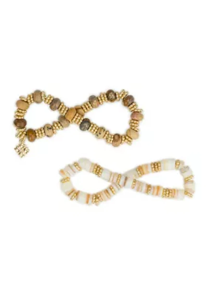 Beaded Wooden Gold Tone Stretch Bracelet Set