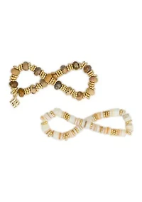 Beaded Wooden Gold Tone Stretch Bracelet Set