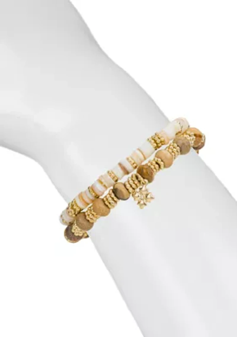Beaded Wooden Gold Tone Stretch Bracelet Set